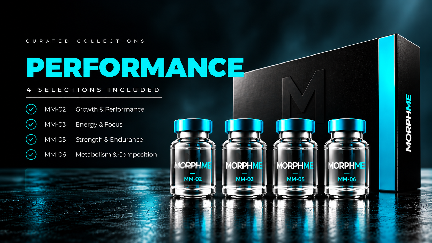 The Performance collection: 4 clear glass MorphME vials with aqua caps in front of the black MorphME collection box