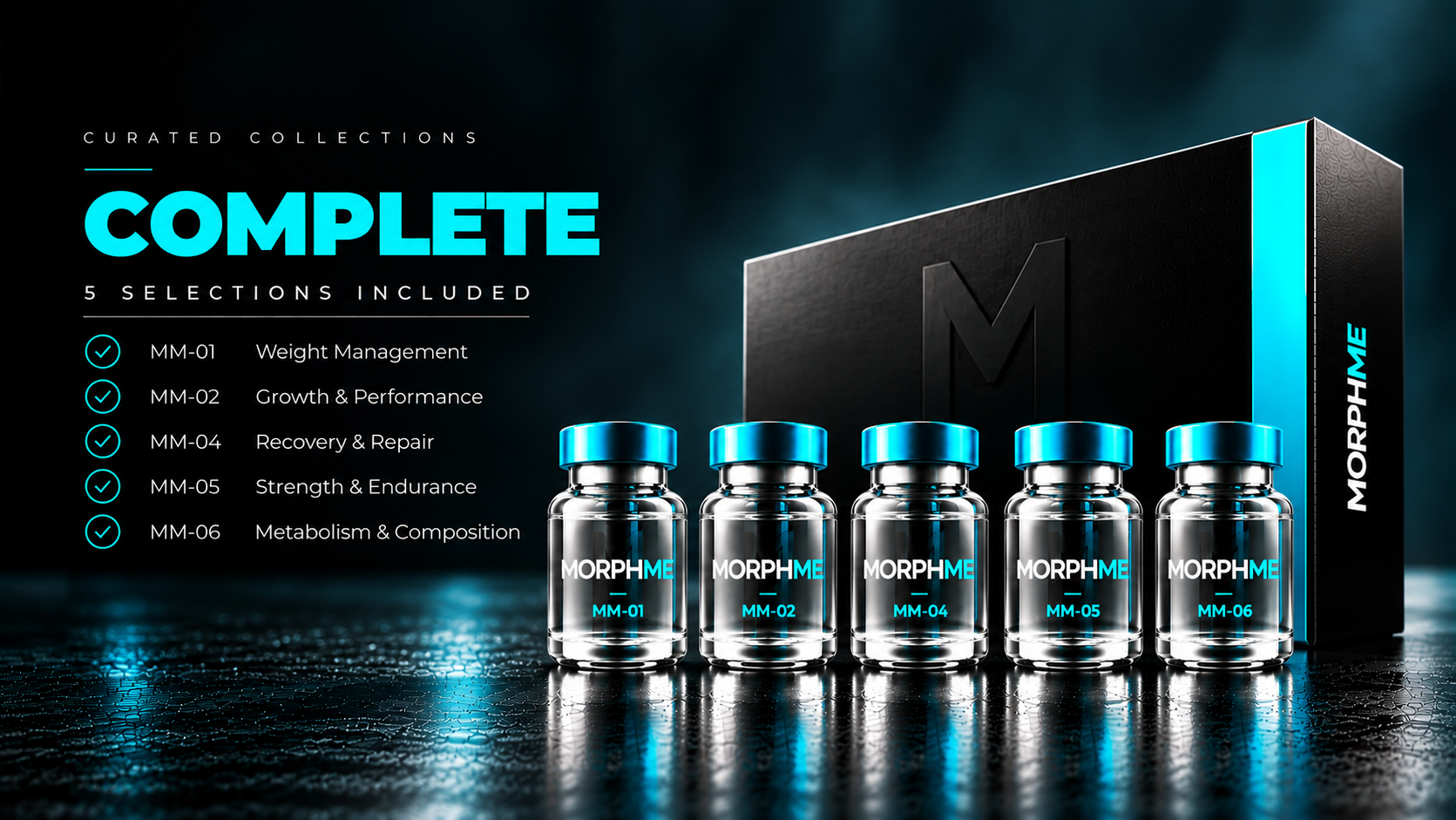 The Complete collection: 5 clear glass MorphME vials with aqua caps in front of the black MorphME collection box