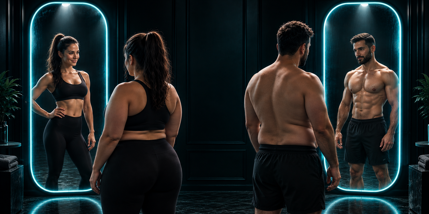 Man and woman standing before glowing aqua mirrors, seeing their stronger, transformed reflections